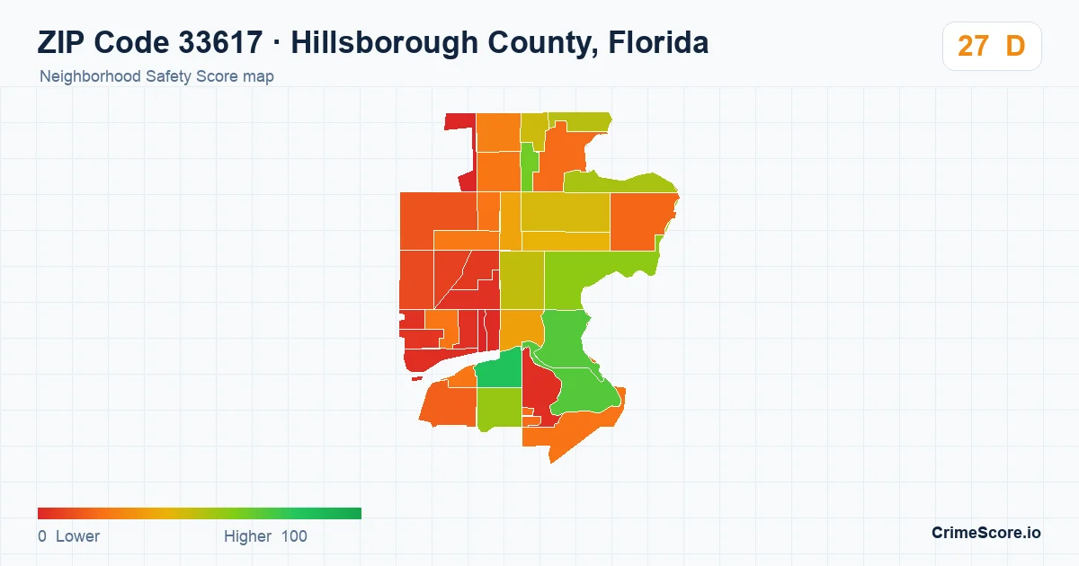 ZIP Code 33617 in Hillsborough County, Florida neighborhood Safety Score map