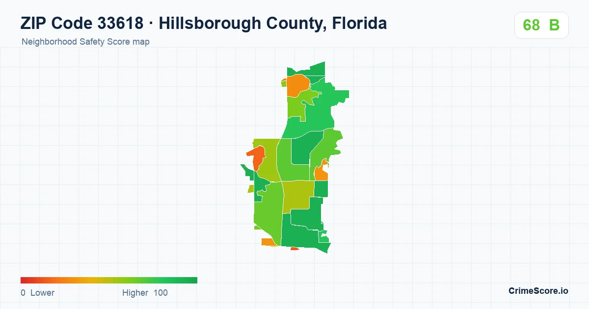 ZIP Code 33618 in Hillsborough County, Florida neighborhood Safety Score map