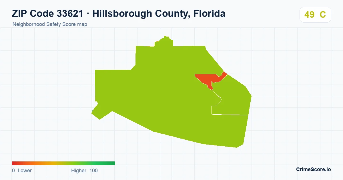 ZIP Code 33621 in Hillsborough County, Florida neighborhood Safety Score map