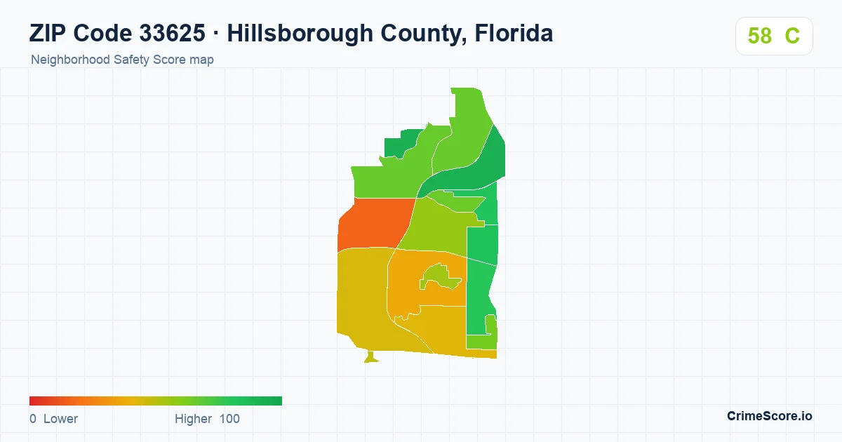 ZIP Code 33625 in Hillsborough County, Florida neighborhood Safety Score map