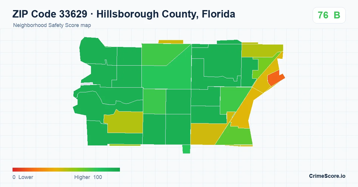 ZIP Code 33629 in Hillsborough County, Florida neighborhood Safety Score map