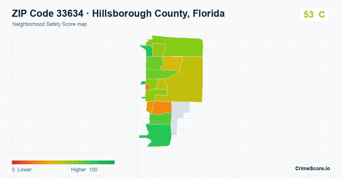 ZIP Code 33634 in Hillsborough County, Florida neighborhood Safety Score map