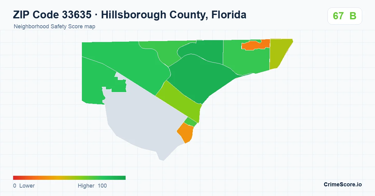 ZIP Code 33635 in Hillsborough County, Florida neighborhood Safety Score map