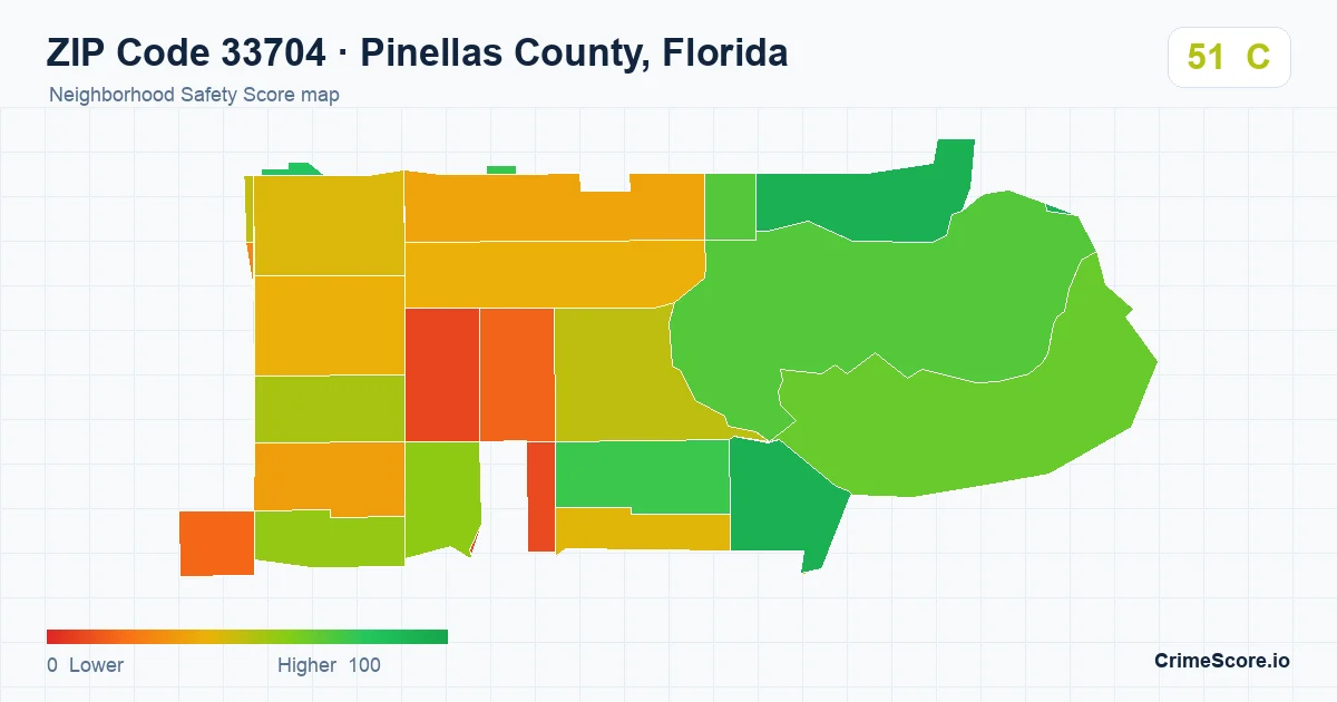 ZIP Code 33704 in Pinellas County, Florida neighborhood Safety Score map