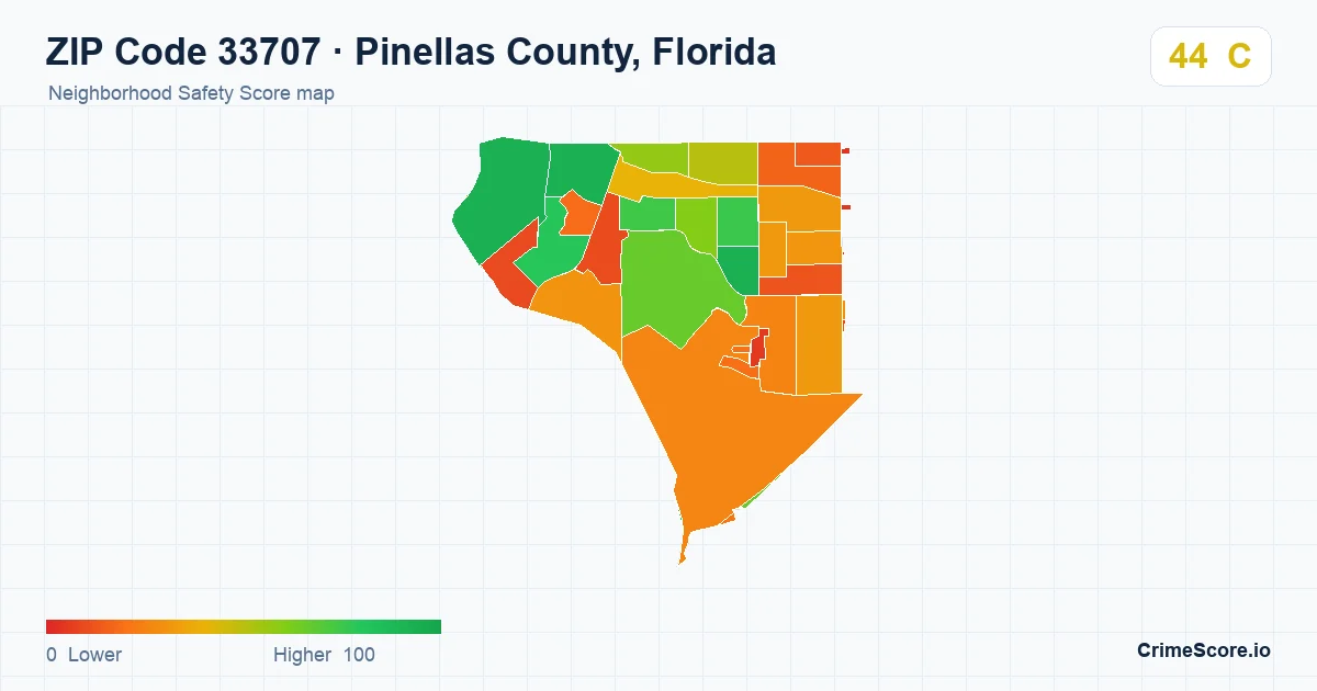 ZIP Code 33707 in Pinellas County, Florida neighborhood Safety Score map