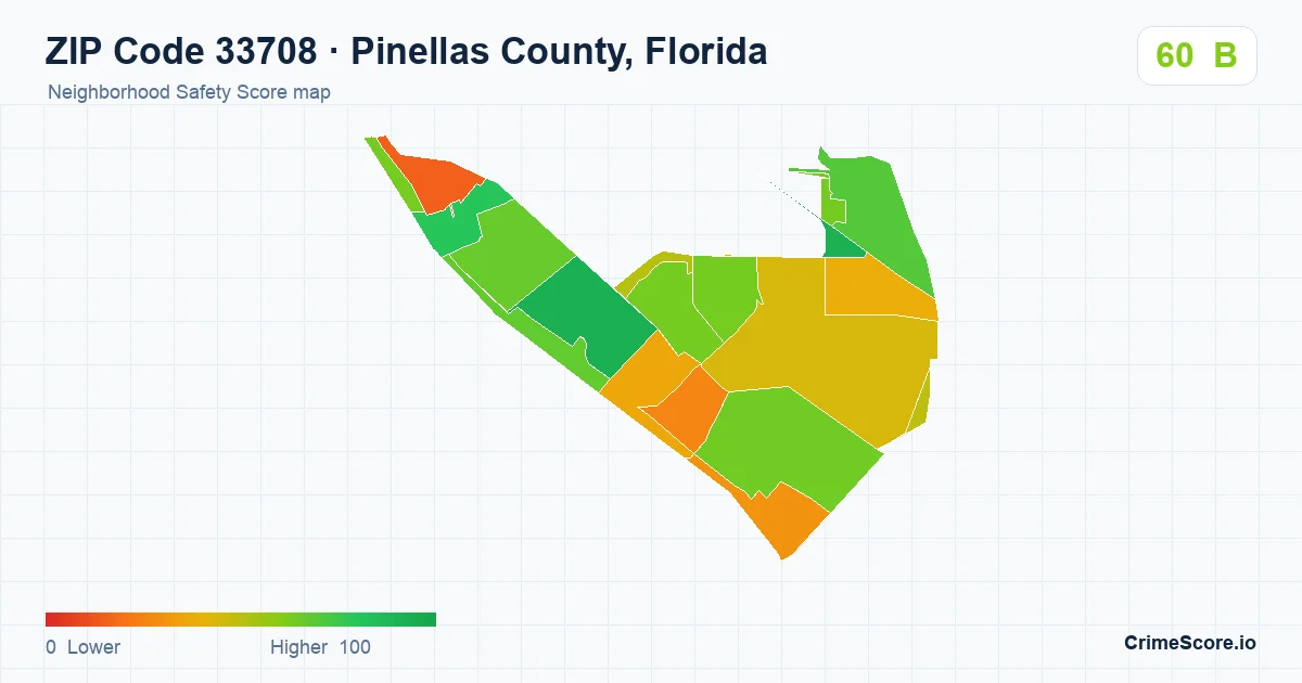 ZIP Code 33708 in Pinellas County, Florida neighborhood Safety Score map