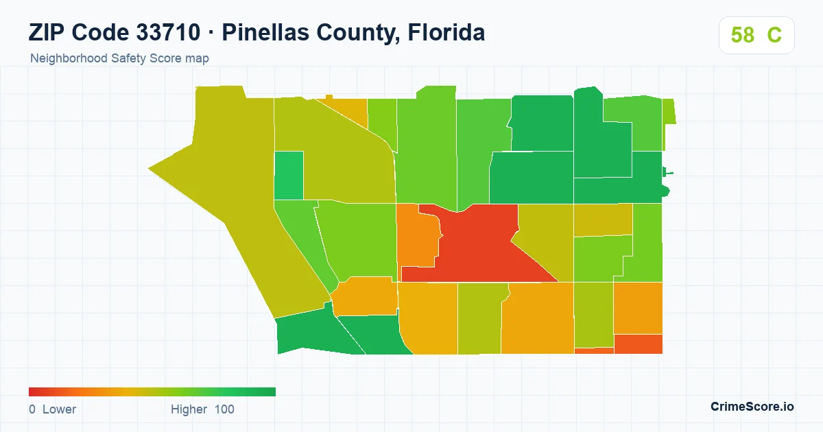 ZIP Code 33710 in Pinellas County, Florida neighborhood Safety Score map