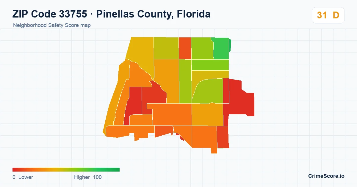 ZIP Code 33755 in Pinellas County, Florida neighborhood Safety Score map