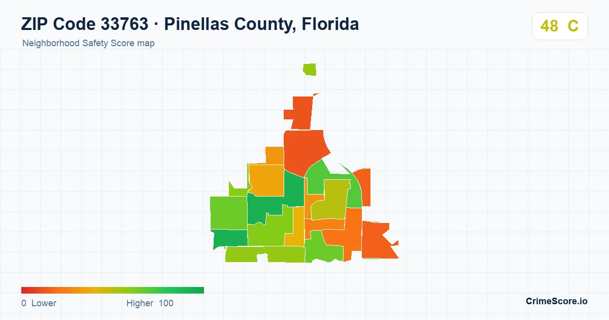 ZIP Code 33763 in Pinellas County, Florida neighborhood Safety Score map