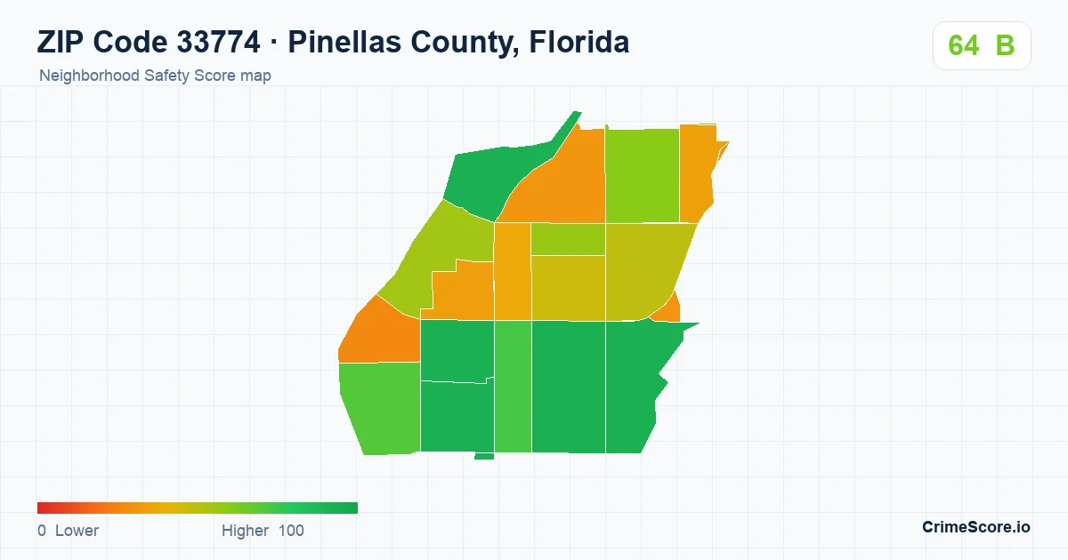 ZIP Code 33774 in Pinellas County, Florida neighborhood Safety Score map