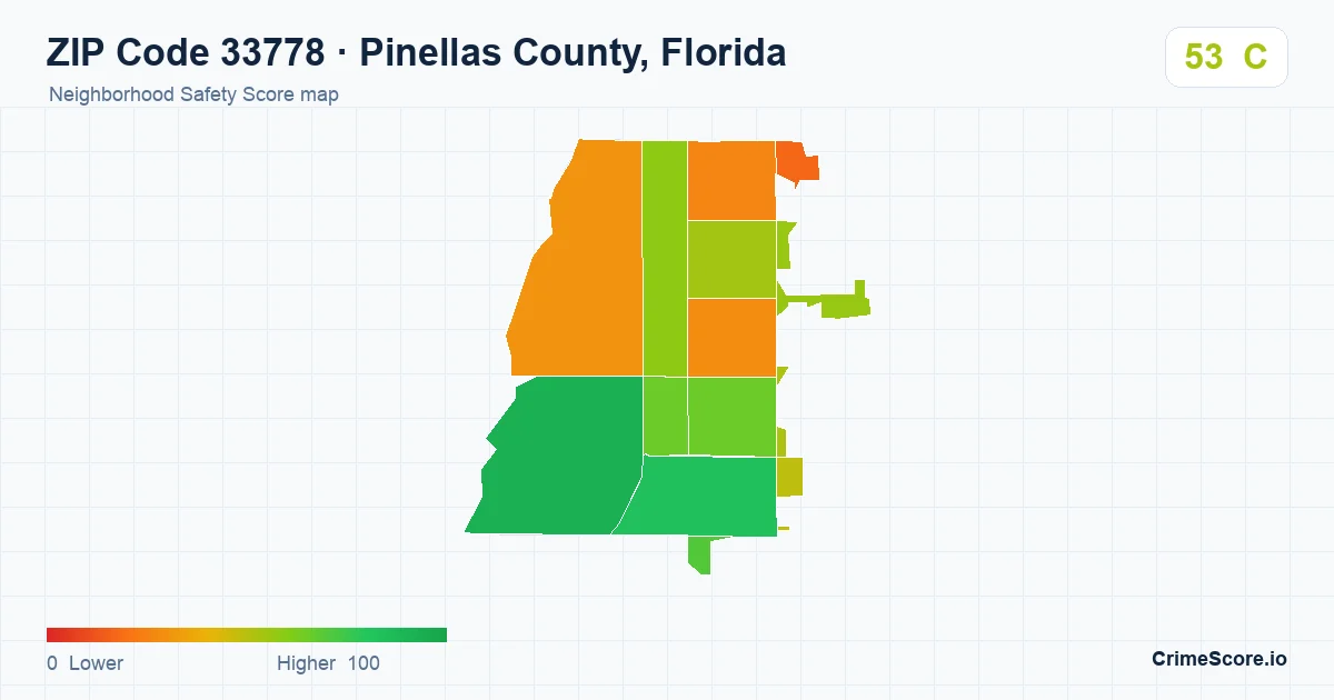 ZIP Code 33778 in Pinellas County, Florida neighborhood Safety Score map