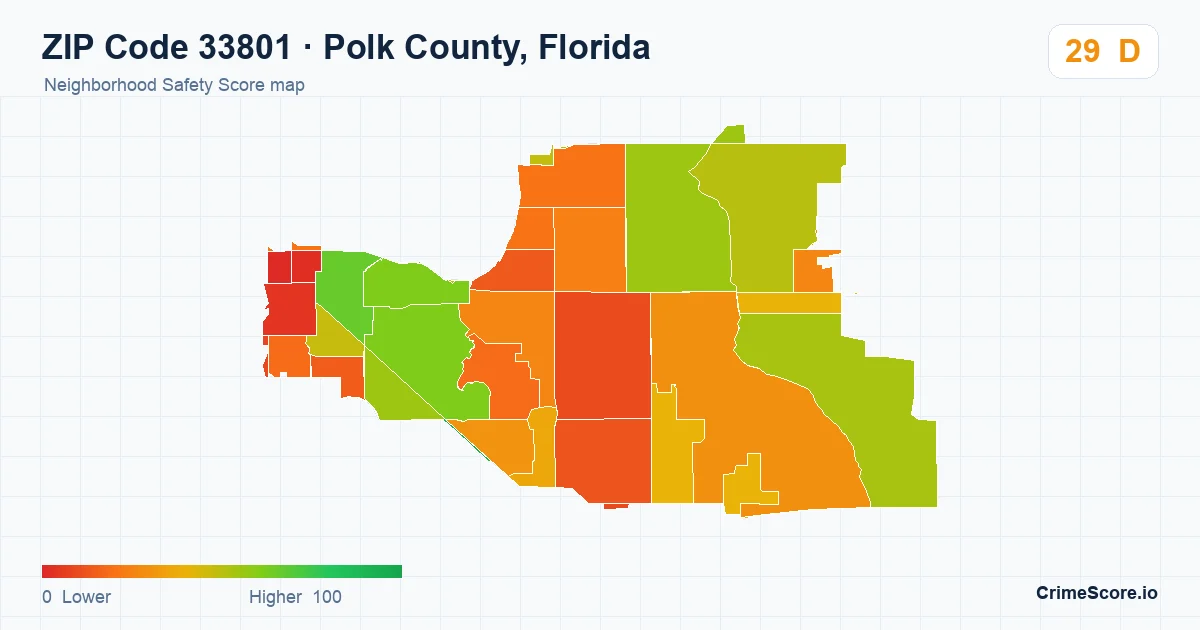ZIP Code 33801 in Polk County, Florida neighborhood Safety Score map