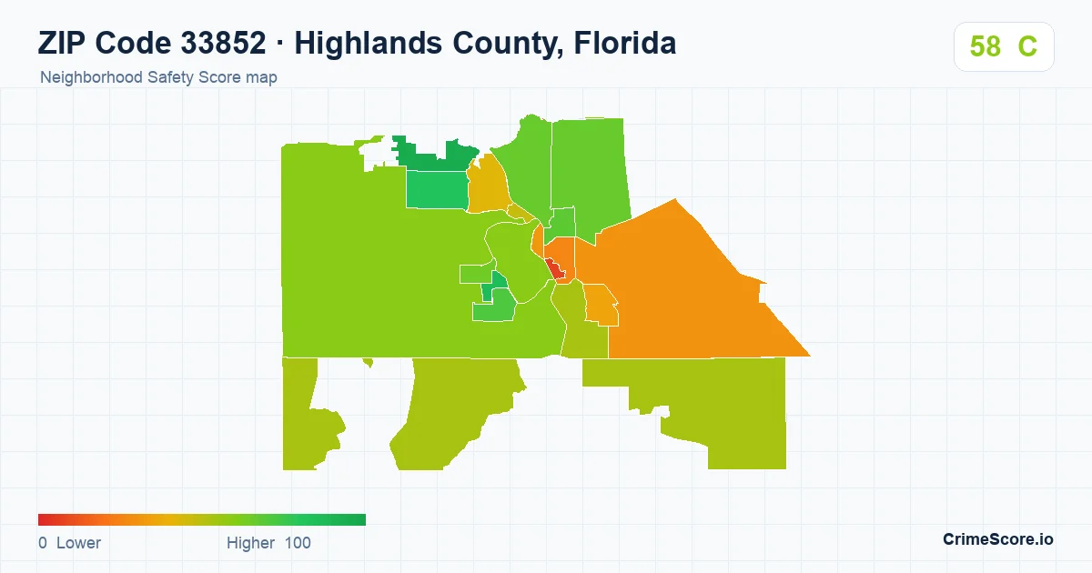 ZIP Code 33852 in Highlands County, Florida neighborhood Safety Score map