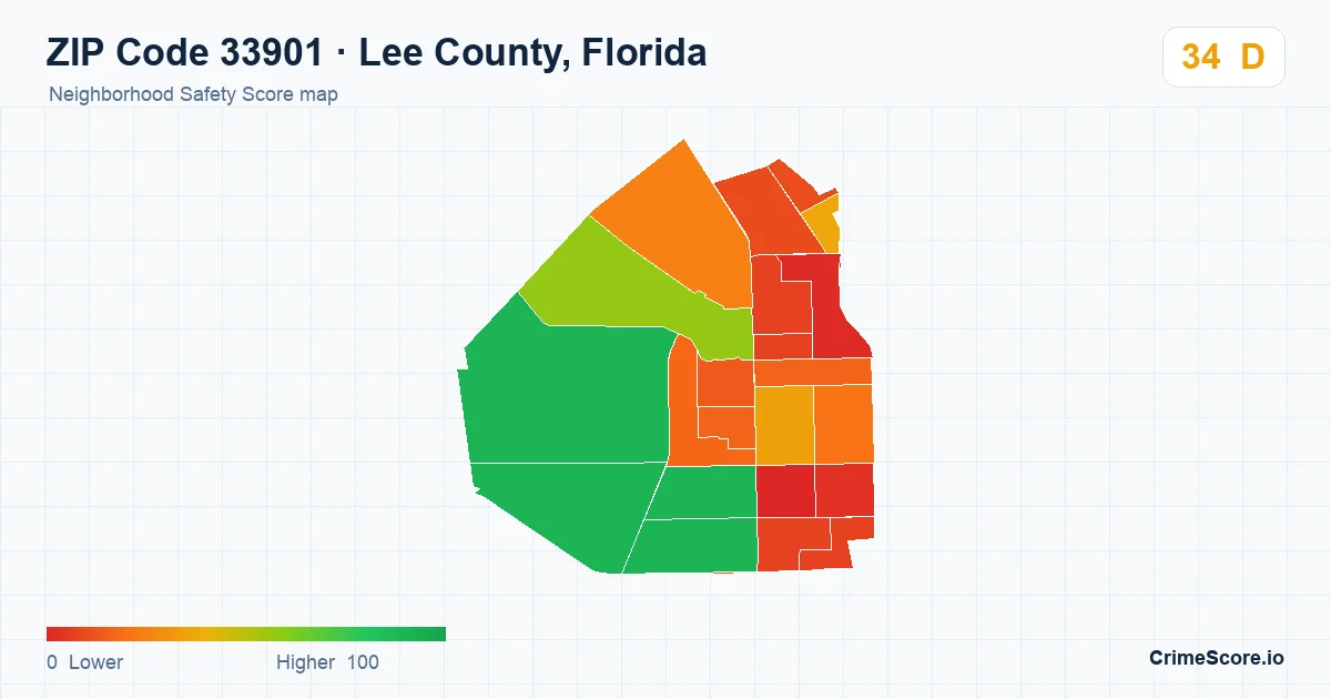 ZIP Code 33901 in Lee County, Florida neighborhood Safety Score map