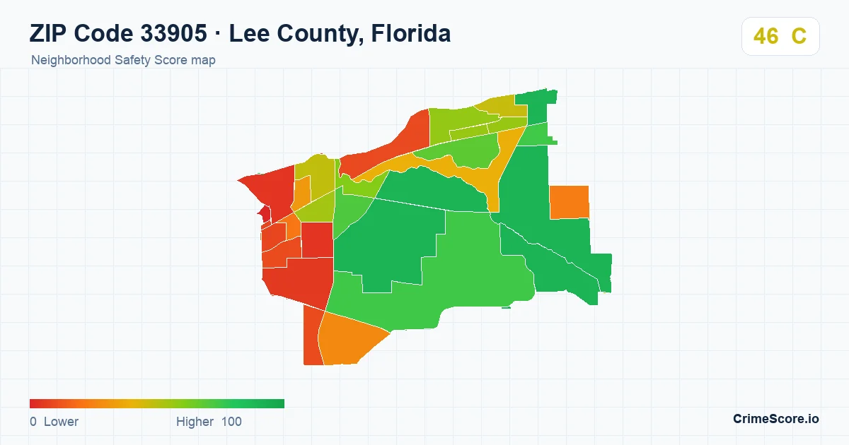 ZIP Code 33905 in Lee County, Florida neighborhood Safety Score map