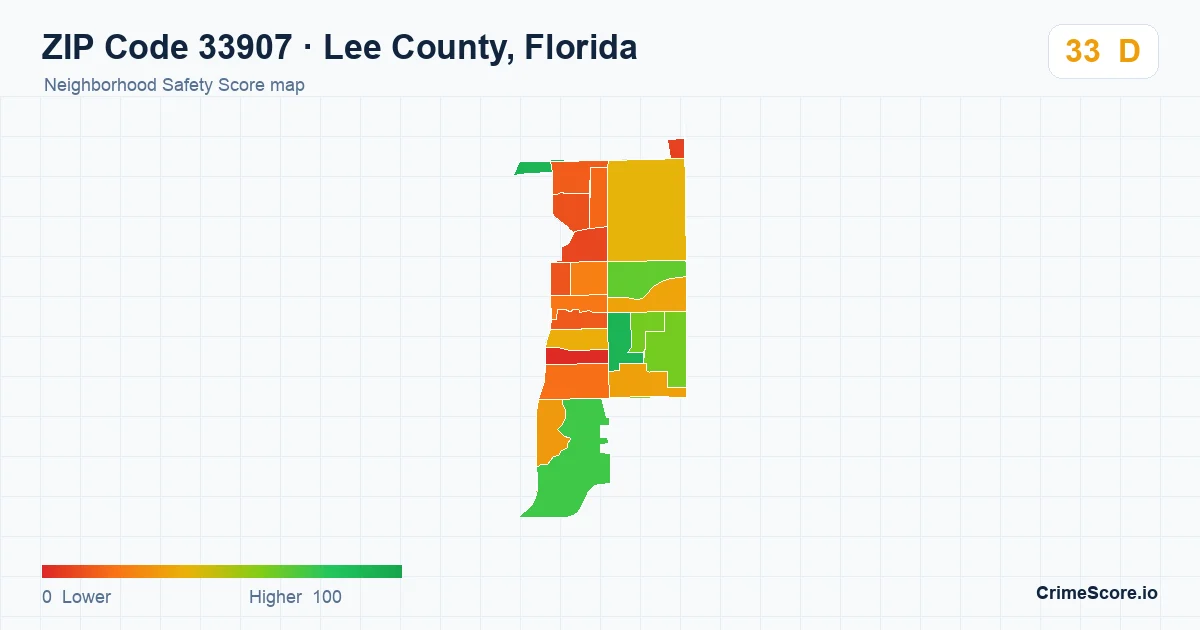 ZIP Code 33907 in Lee County, Florida neighborhood Safety Score map