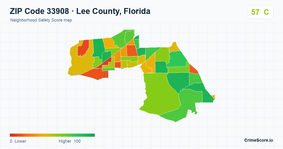 ZIP Code 33908 in Lee County, Florida neighborhood Safety Score map