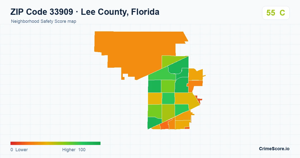 ZIP Code 33909 in Lee County, Florida neighborhood Safety Score map
