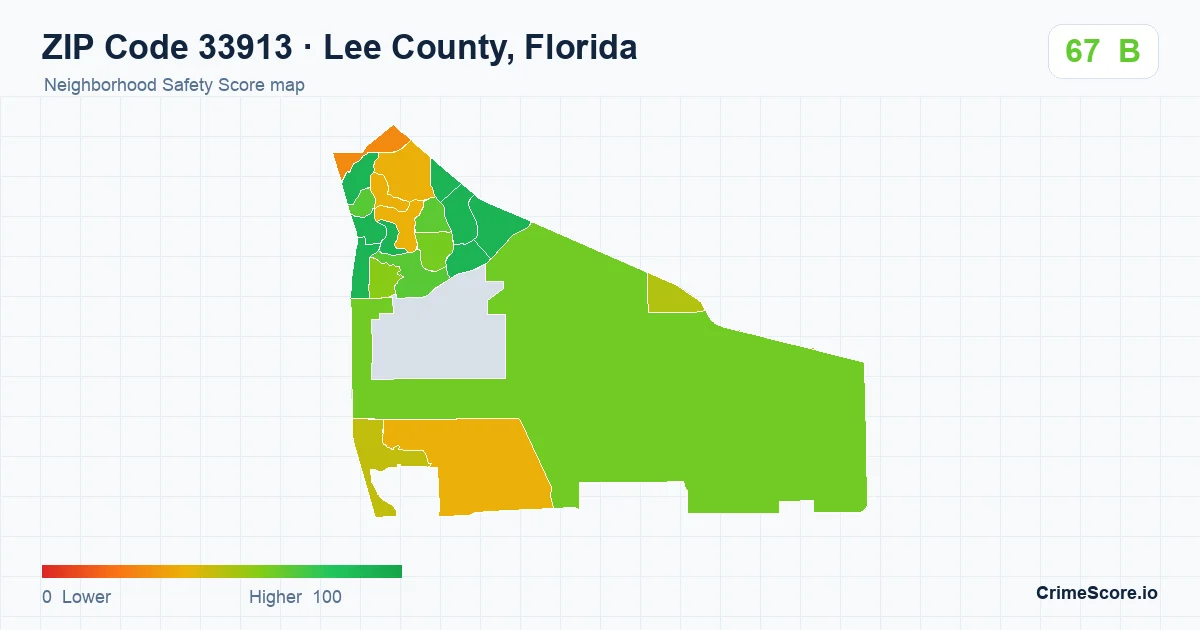 ZIP Code 33913 in Lee County, Florida neighborhood Safety Score map