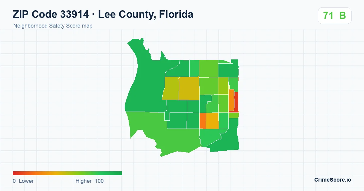 ZIP Code 33914 in Lee County, Florida neighborhood Safety Score map