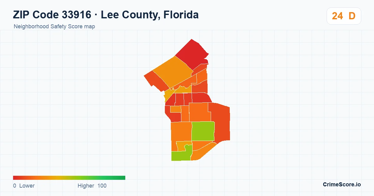 ZIP Code 33916 in Lee County, Florida neighborhood Safety Score map