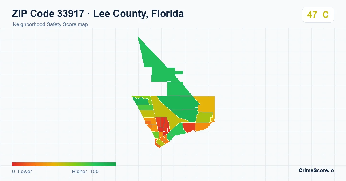 ZIP Code 33917 in Lee County, Florida neighborhood Safety Score map