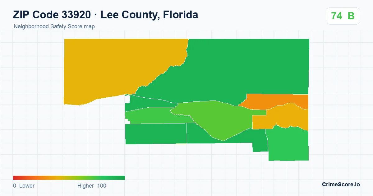 ZIP Code 33920 in Lee County, Florida neighborhood Safety Score map