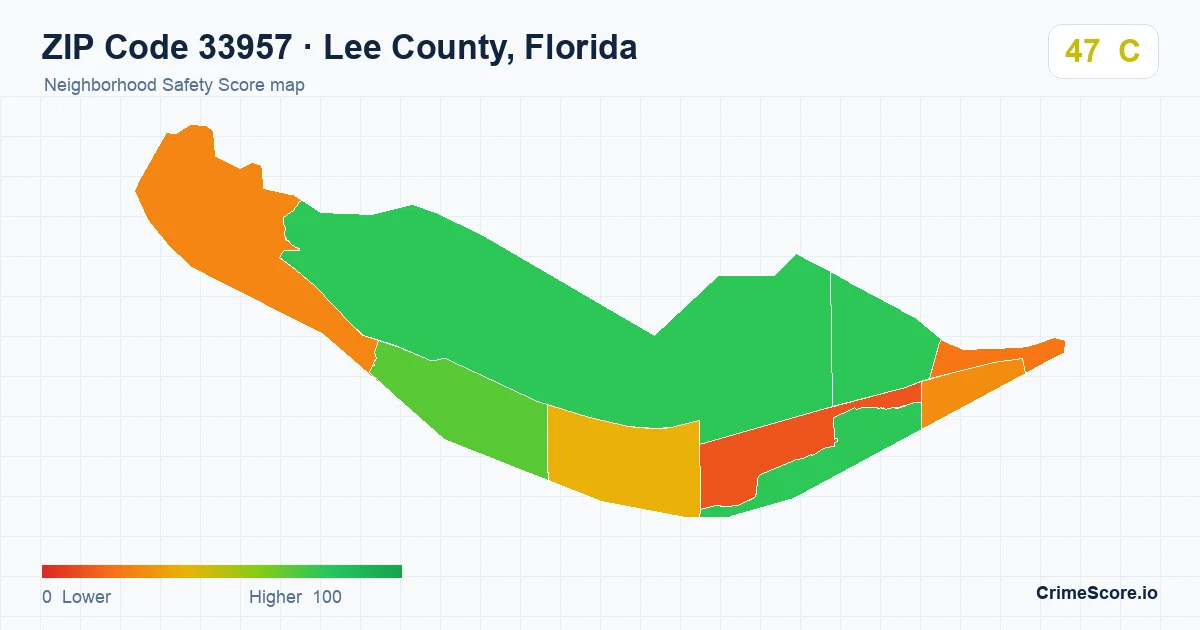 ZIP Code 33957 in Lee County, Florida neighborhood Safety Score map