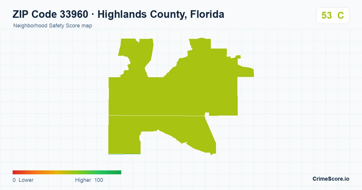 ZIP Code 33960 in Highlands County, Florida neighborhood Safety Score map