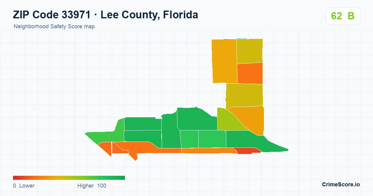 ZIP Code 33971 in Lee County, Florida neighborhood Safety Score map