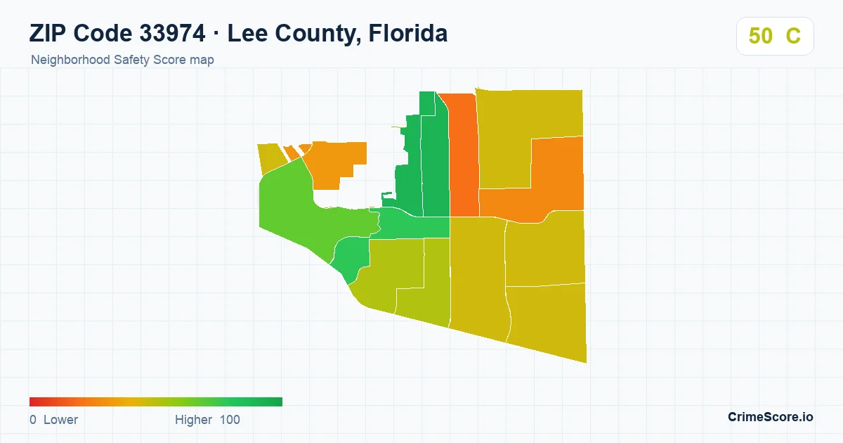ZIP Code 33974 in Lee County, Florida neighborhood Safety Score map