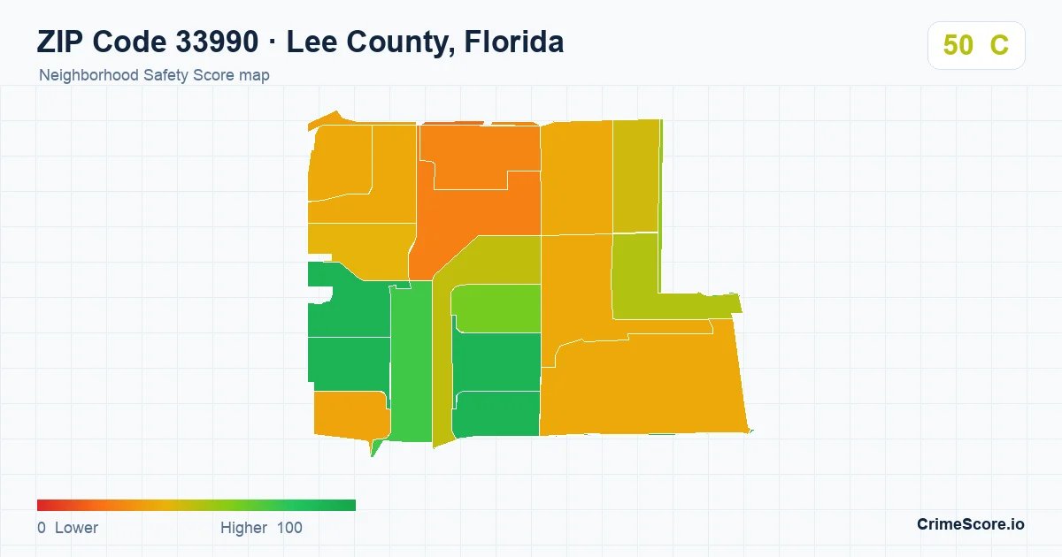 ZIP Code 33990 in Lee County, Florida neighborhood Safety Score map