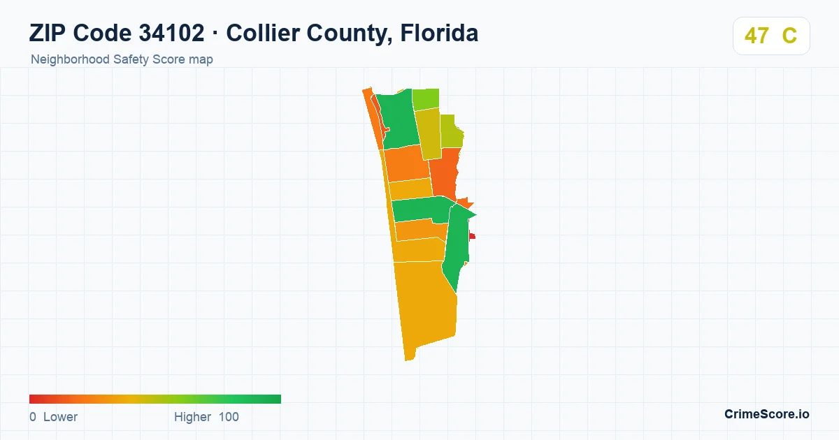 ZIP Code 34102 in Collier County, Florida neighborhood Safety Score map