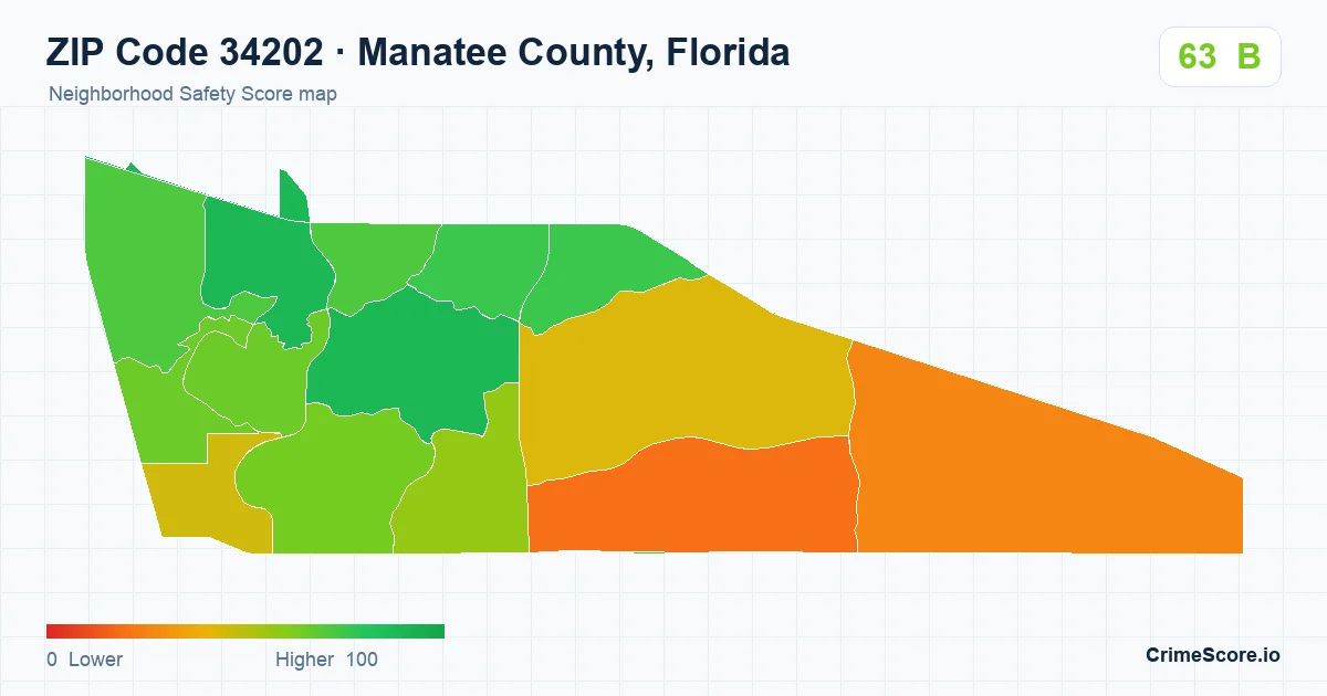 ZIP Code 34202 in Manatee County, Florida neighborhood Safety Score map