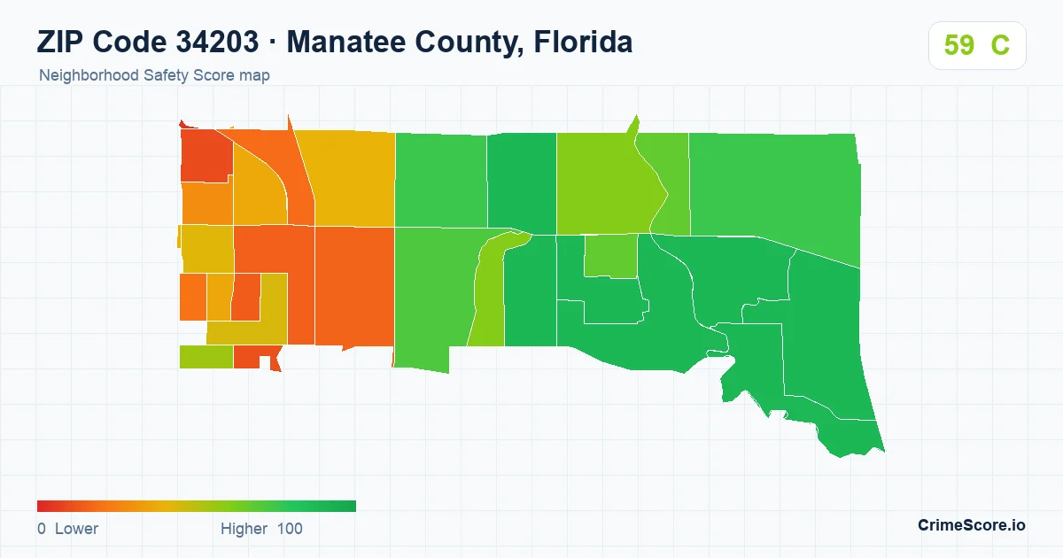 ZIP Code 34203 in Manatee County, Florida neighborhood Safety Score map