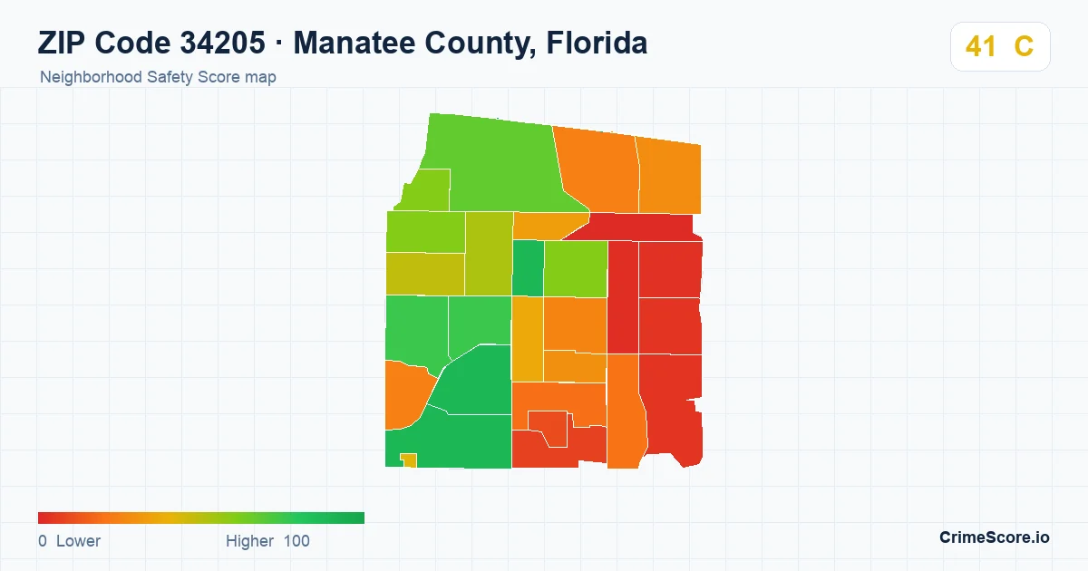 ZIP Code 34205 in Manatee County, Florida neighborhood Safety Score map