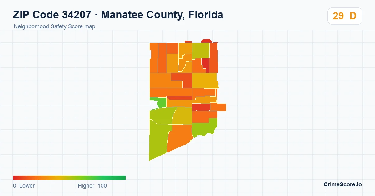 ZIP Code 34207 in Manatee County, Florida neighborhood Safety Score map