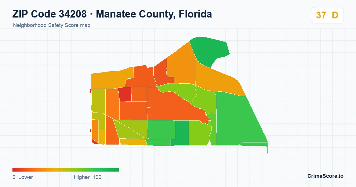 ZIP Code 34208 in Manatee County, Florida neighborhood Safety Score map