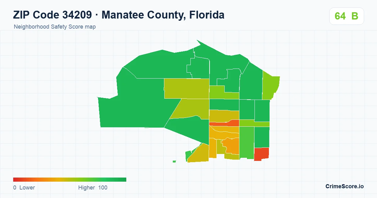 ZIP Code 34209 in Manatee County, Florida neighborhood Safety Score map