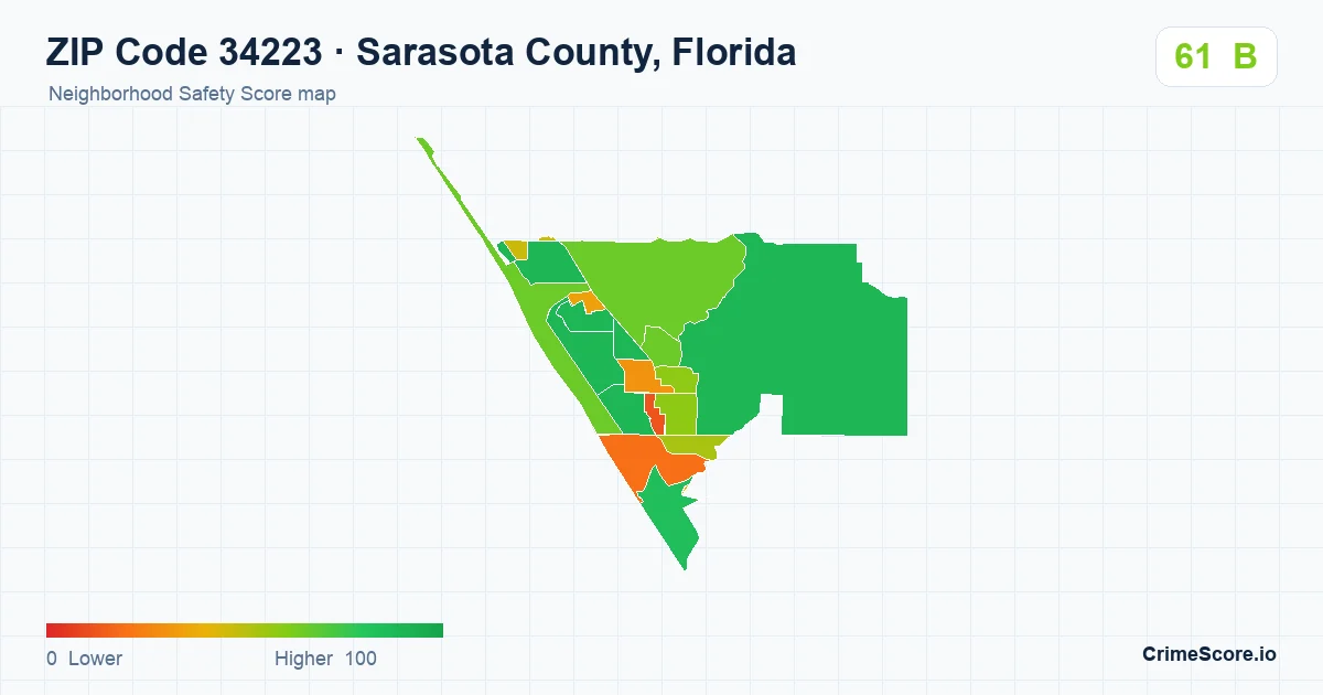 ZIP Code 34223 in Sarasota County, Florida neighborhood Safety Score map