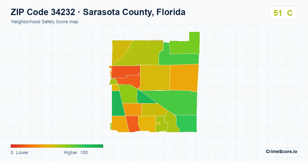 ZIP Code 34232 in Sarasota County, Florida neighborhood Safety Score map