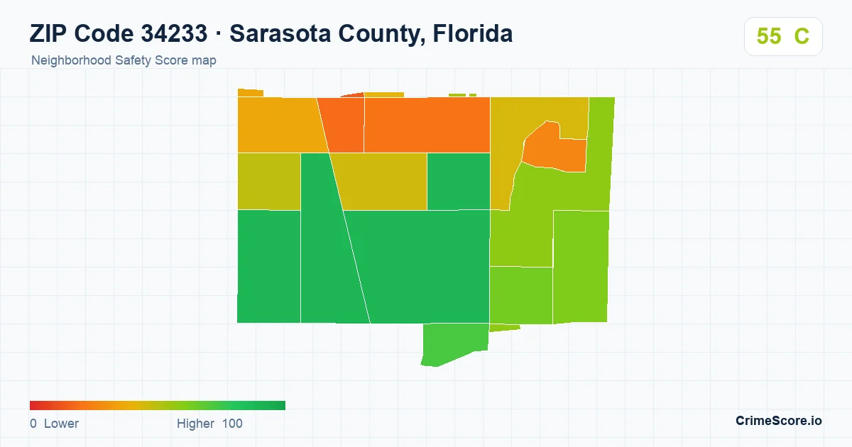 ZIP Code 34233 in Sarasota County, Florida neighborhood Safety Score map