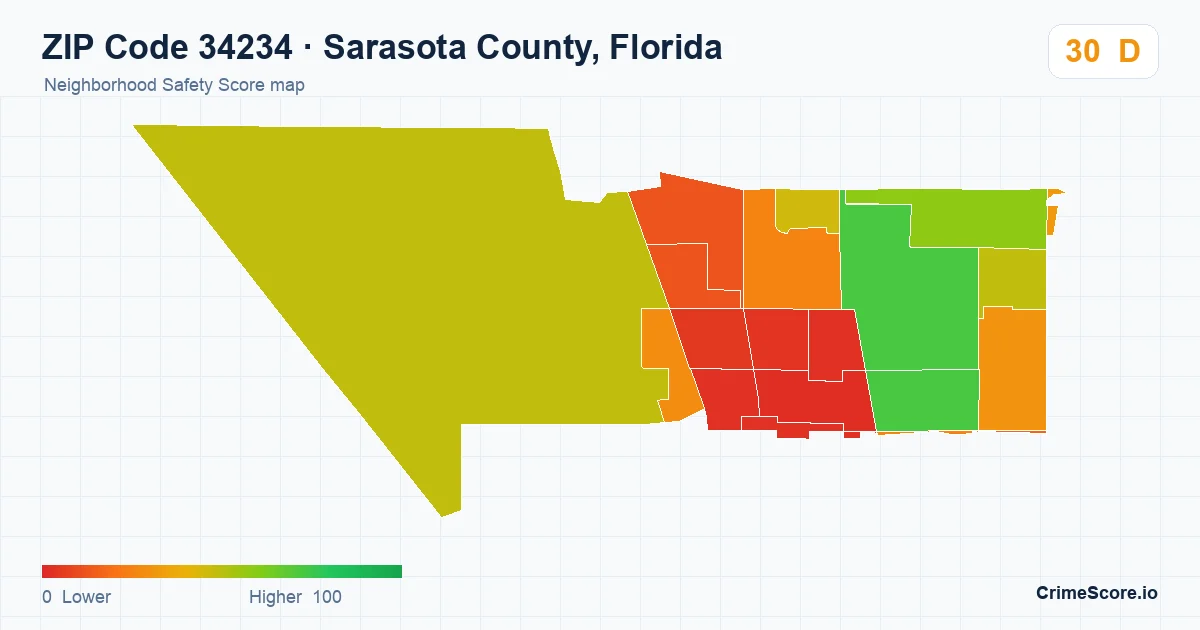 ZIP Code 34234 in Sarasota County, Florida neighborhood Safety Score map