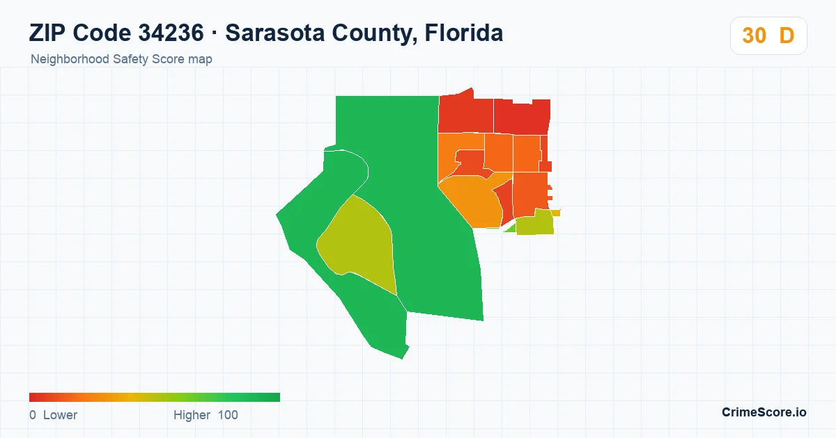 ZIP Code 34236 in Sarasota County, Florida neighborhood Safety Score map