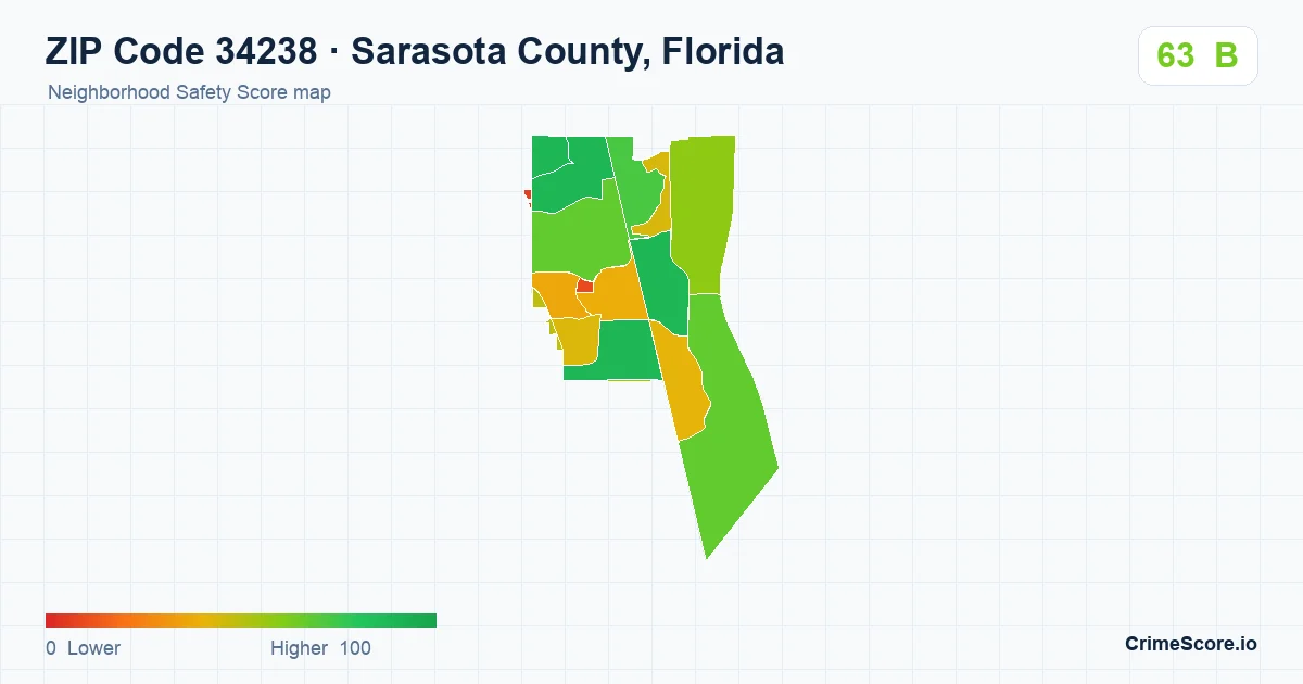 ZIP Code 34238 in Sarasota County, Florida neighborhood Safety Score map