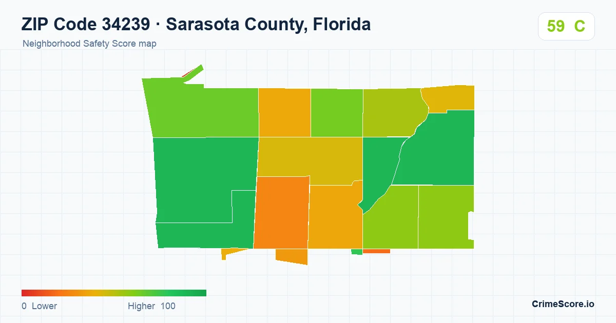 ZIP Code 34239 in Sarasota County, Florida neighborhood Safety Score map