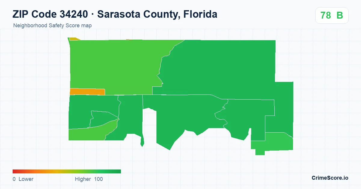 ZIP Code 34240 in Sarasota County, Florida neighborhood Safety Score map
