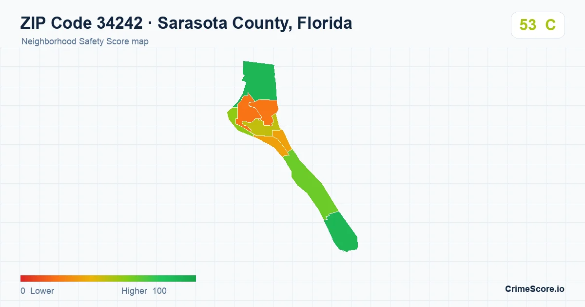 ZIP Code 34242 in Sarasota County, Florida neighborhood Safety Score map
