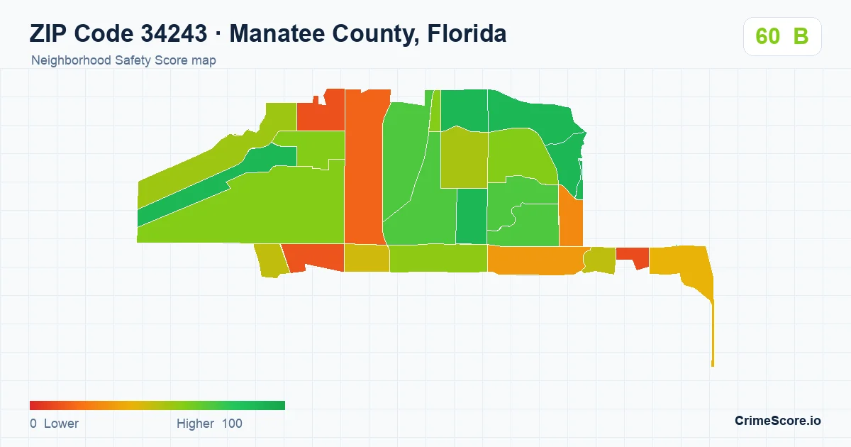 ZIP Code 34243 in Manatee County, Florida neighborhood Safety Score map
