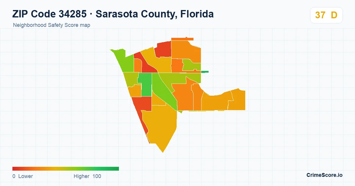 ZIP Code 34285 in Sarasota County, Florida neighborhood Safety Score map